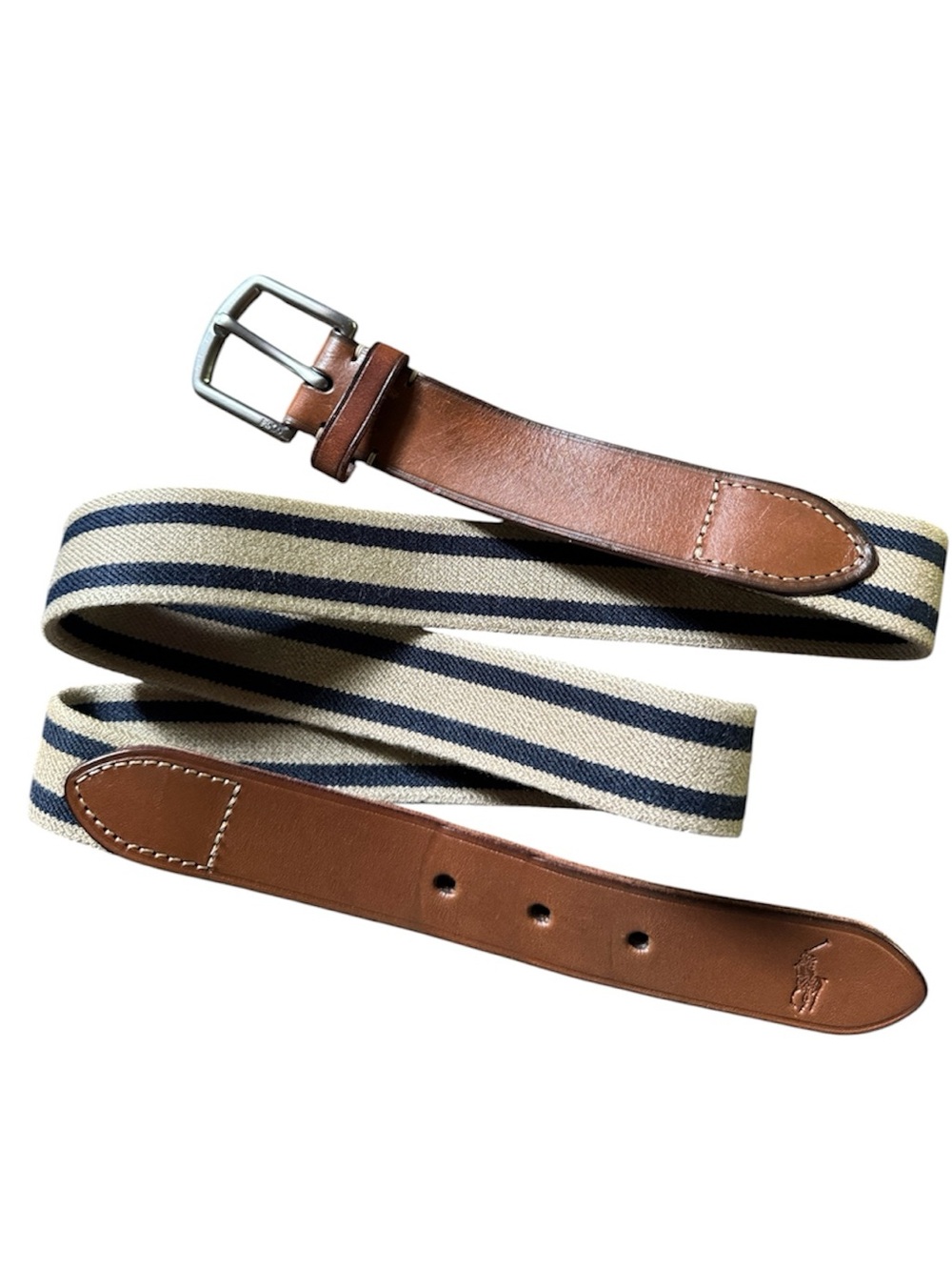 Polo Ralph Lauren brown leather belt with striped stretch panel Size 38